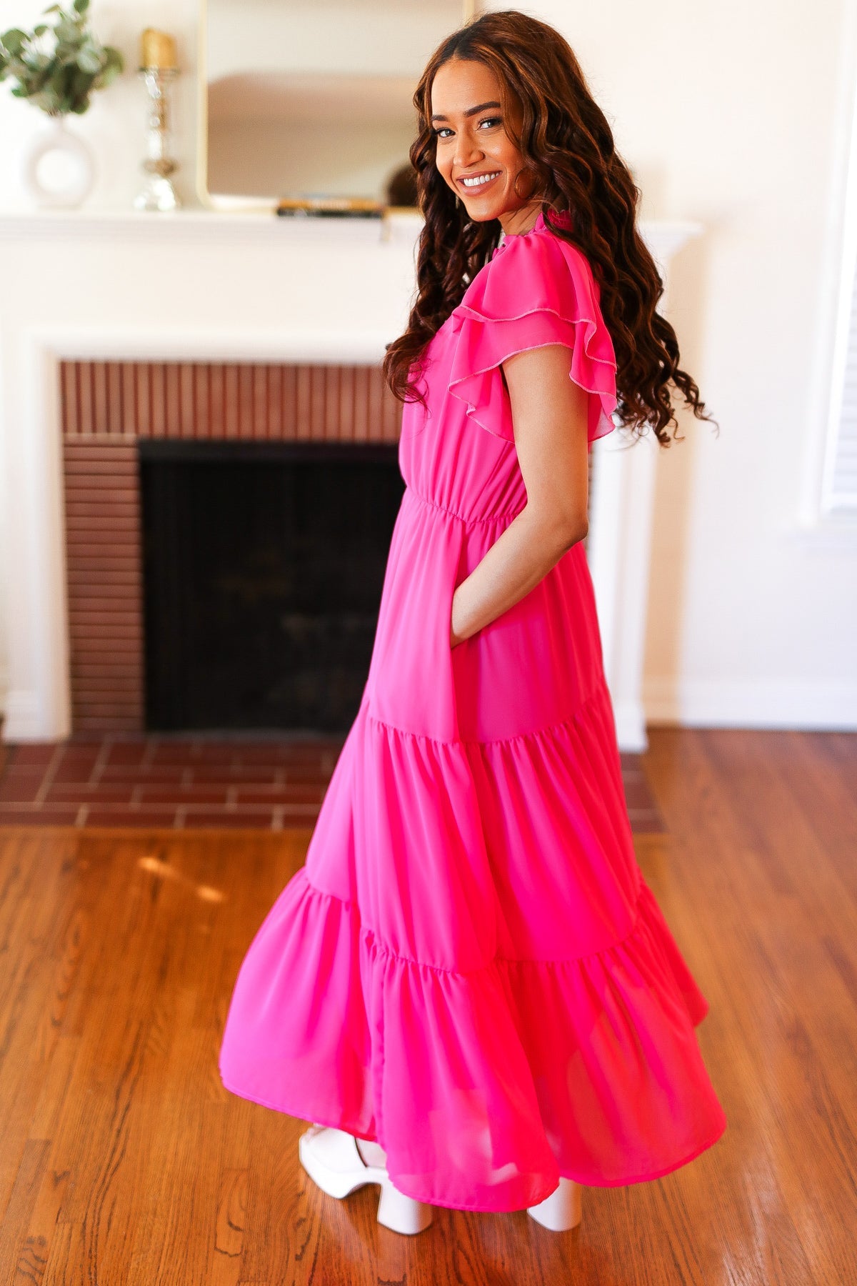 Haptics Perfectly You Hot Pink Mock Neck Tiered Chiffon Maxi Dress Haptics