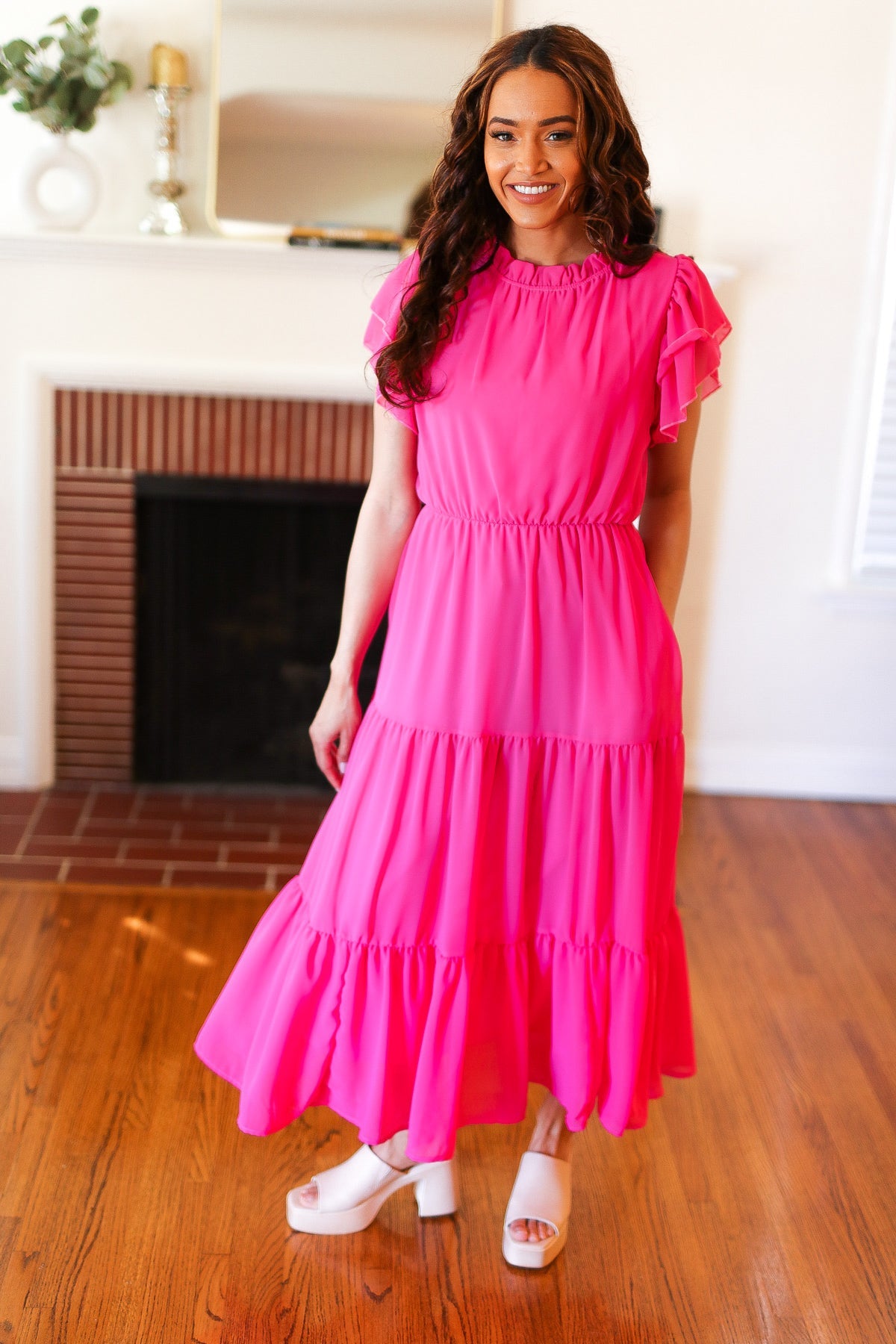 Haptics Perfectly You Hot Pink Mock Neck Tiered Chiffon Maxi Dress Haptics