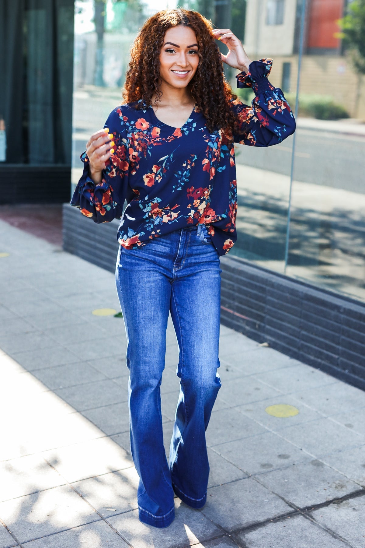 Haptics Lovely In Navy Floral Print Smocked Bubble Sleeve Woven Top Haptics