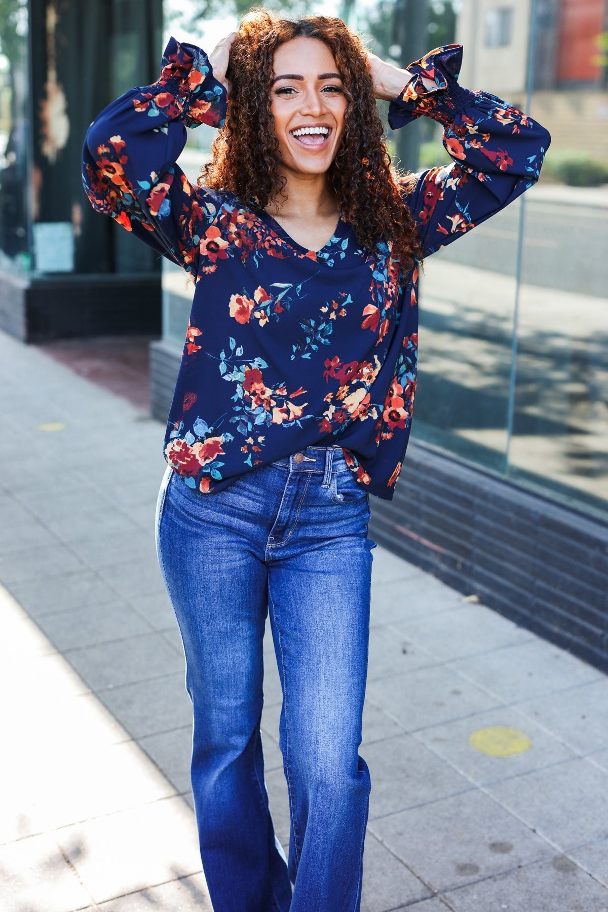 Haptics Lovely In Navy Floral Print Smocked Bubble Sleeve Woven Top Haptics