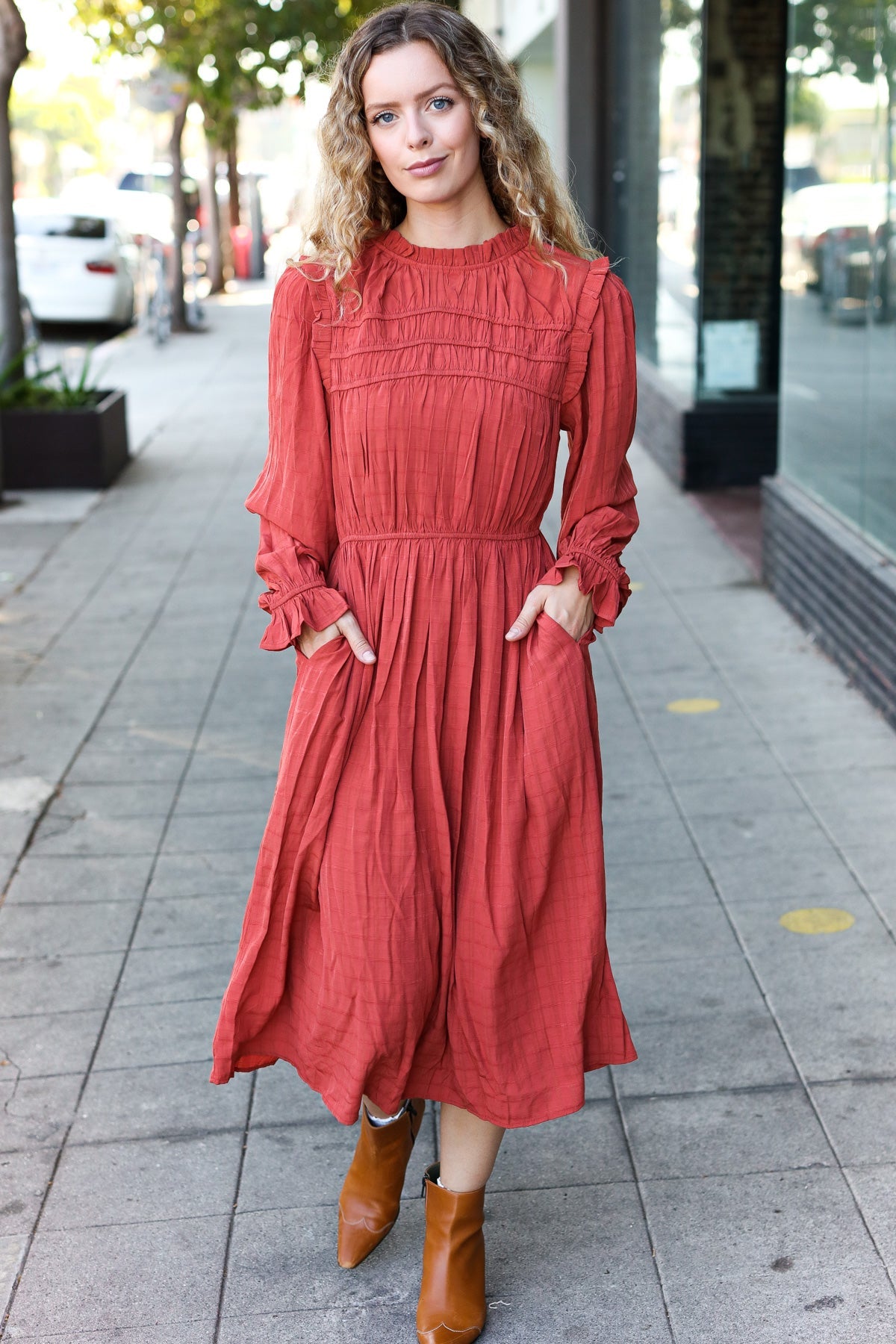 Haptics Love Found Rust Mock Neck Embossed Lined Dress Haptics