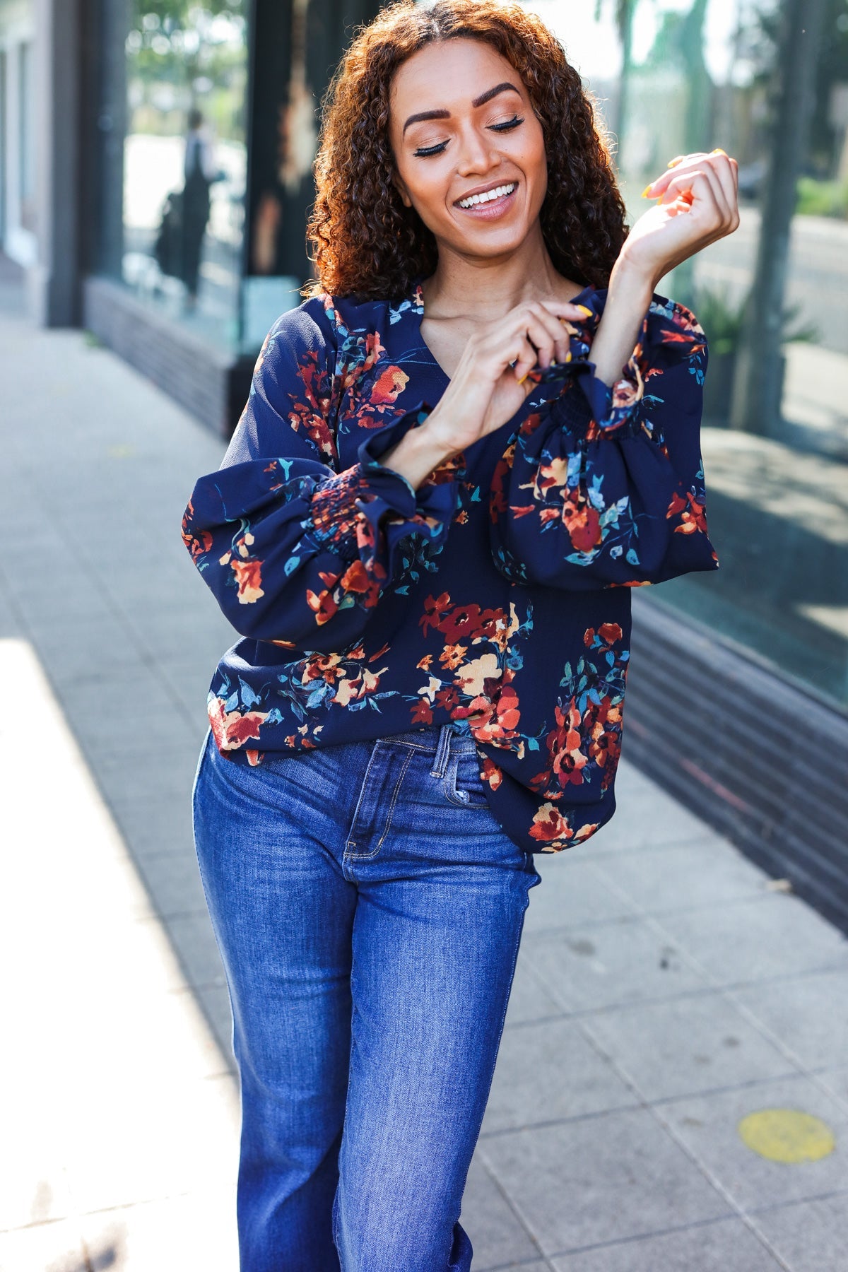 Haptics Lovely In Navy Floral Print Smocked Bubble Sleeve Woven Top Haptics