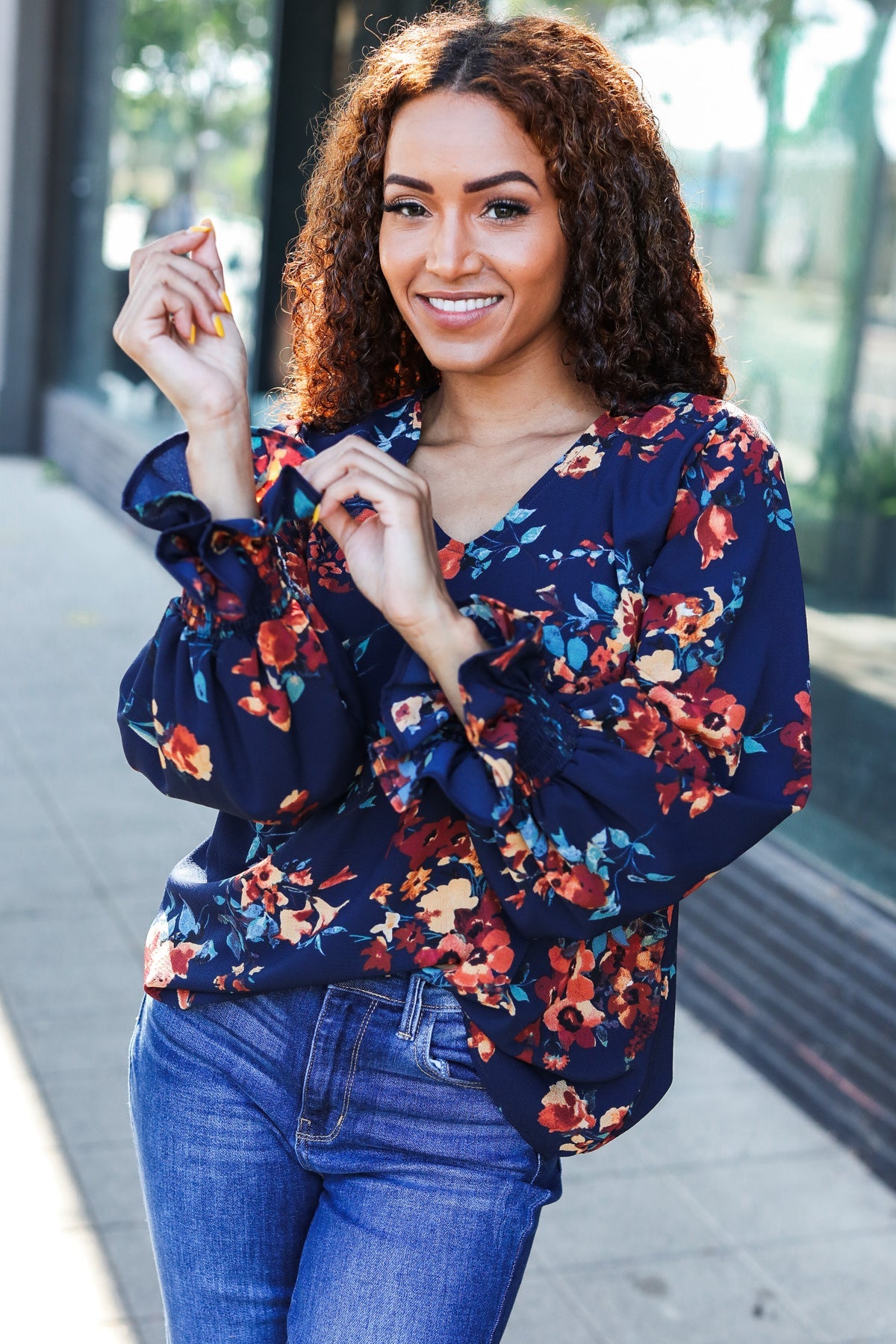 Haptics Lovely In Navy Floral Print Smocked Bubble Sleeve Woven Top Haptics