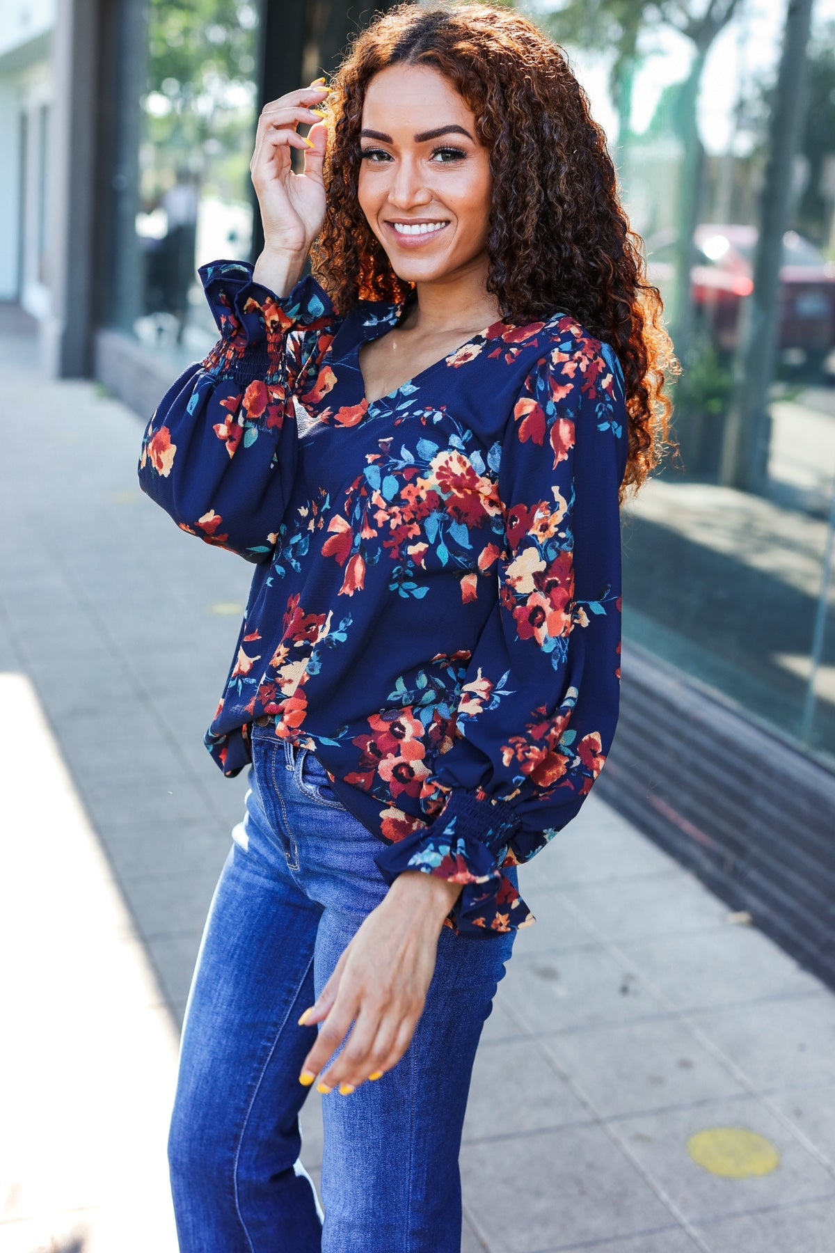 Haptics Lovely In Navy Floral Print Smocked Bubble Sleeve Woven Top Haptics