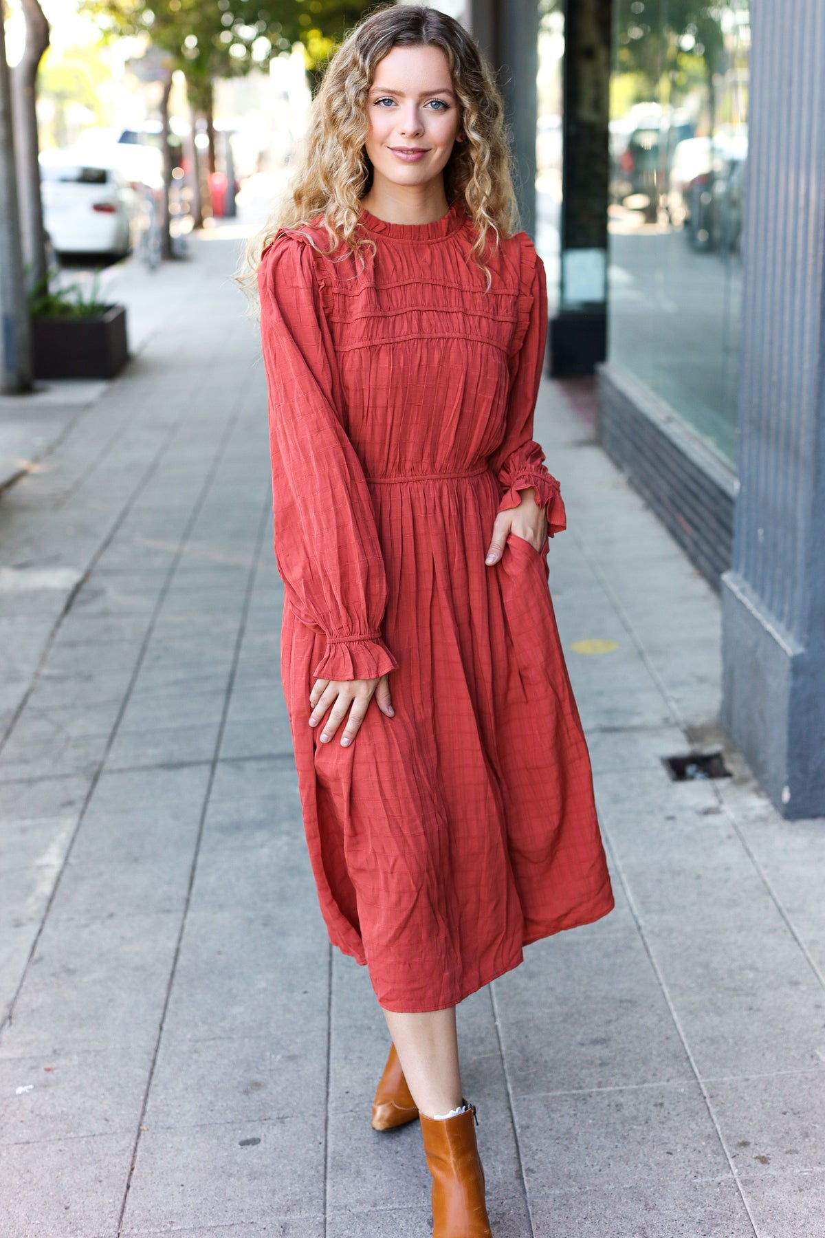 Haptics Love Found Rust Mock Neck Embossed Lined Dress Haptics