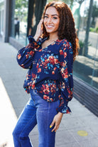 Haptics Lovely In Navy Floral Print Smocked Bubble Sleeve Woven Top Haptics