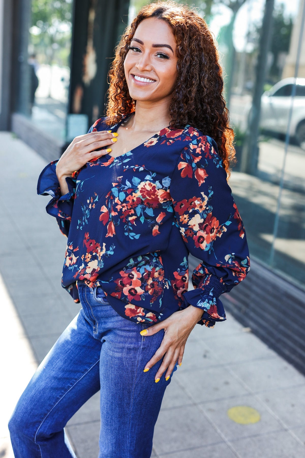 Haptics Lovely In Navy Floral Print Smocked Bubble Sleeve Woven Top Haptics