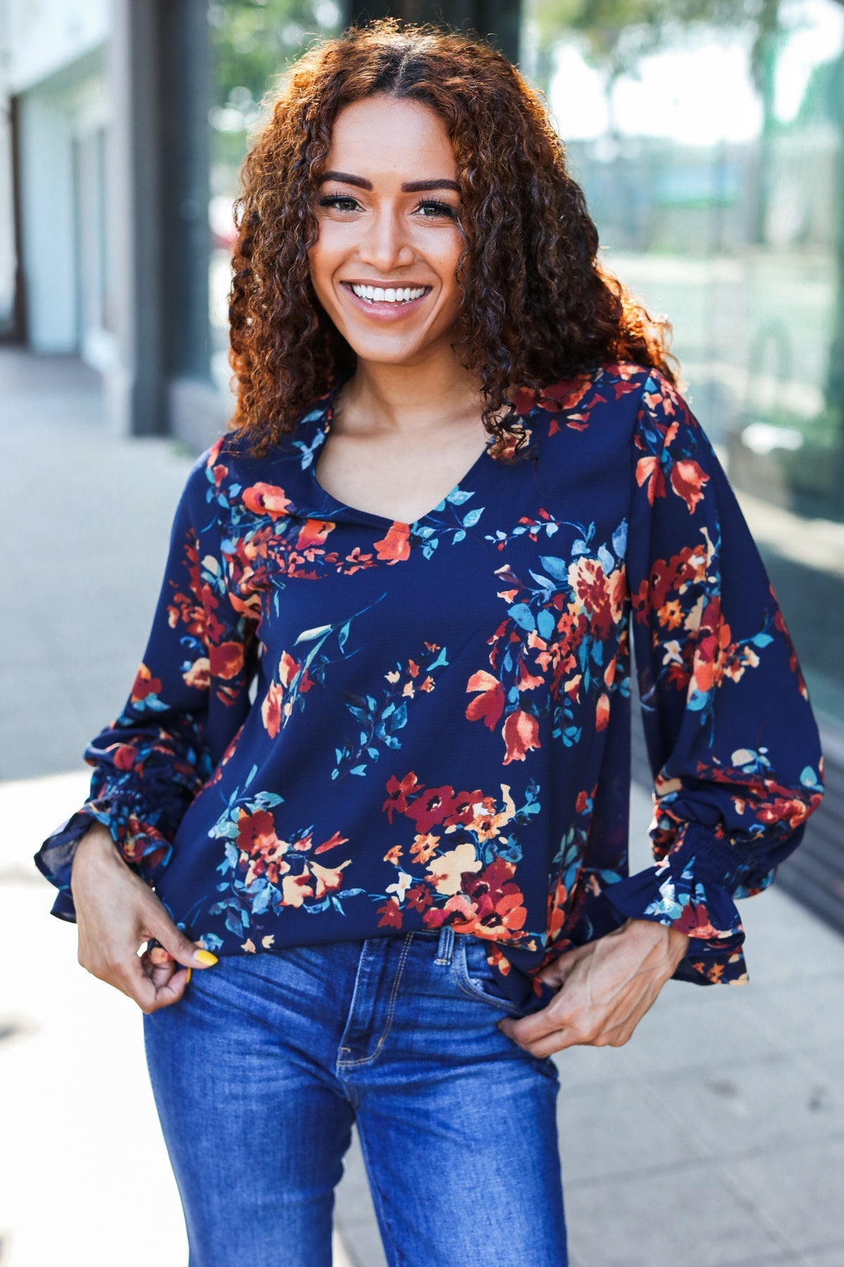 Haptics Lovely In Navy Floral Print Smocked Bubble Sleeve Woven Top Haptics