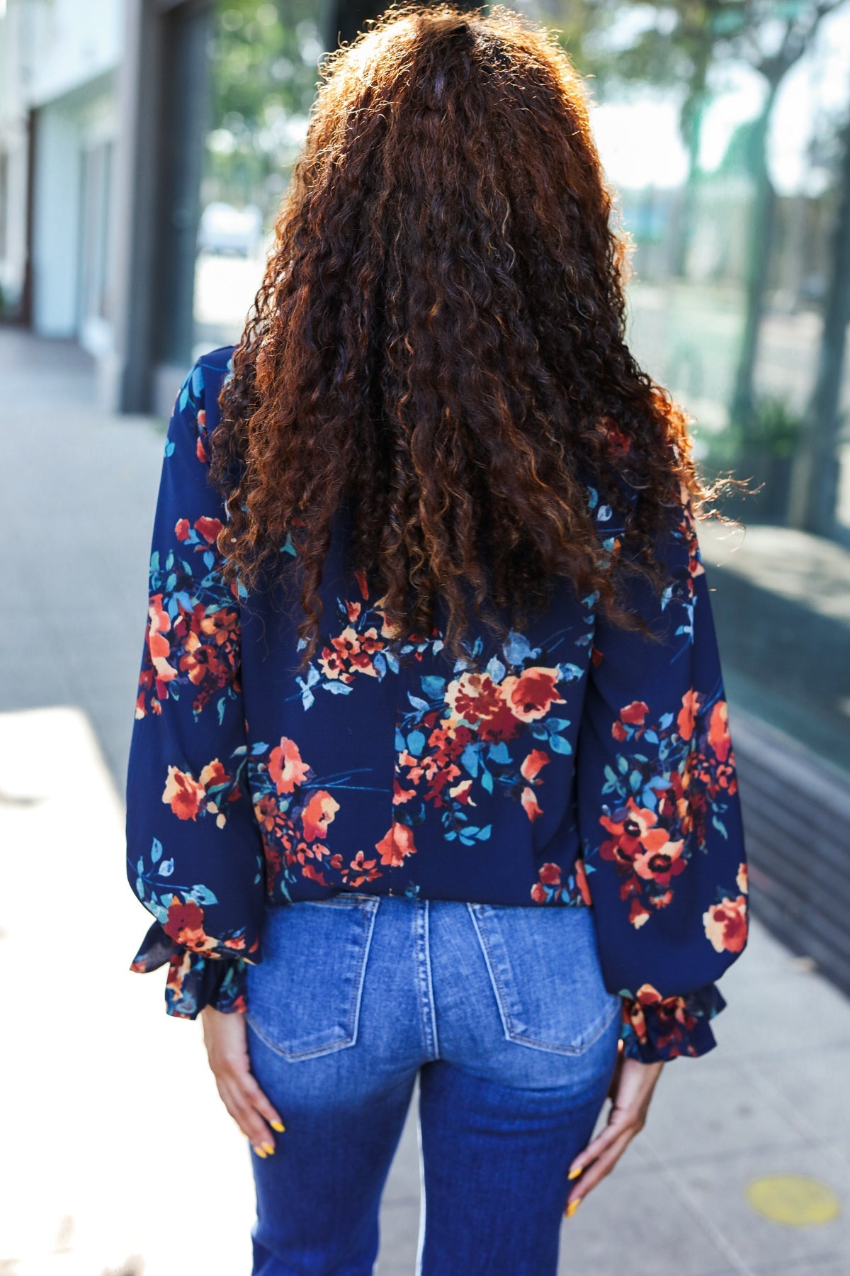 Haptics Lovely In Navy Floral Print Smocked Bubble Sleeve Woven Top Haptics