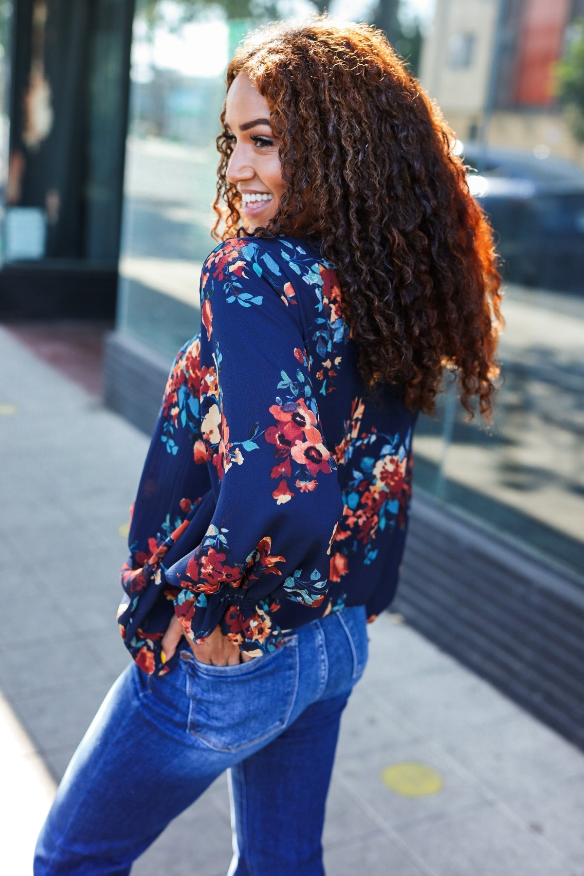 Haptics Lovely In Navy Floral Print Smocked Bubble Sleeve Woven Top Haptics