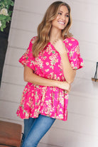 Haptics Fuchsia Floral Frill Ruffle Hem Tiered Swing Top Final Sale Haptics