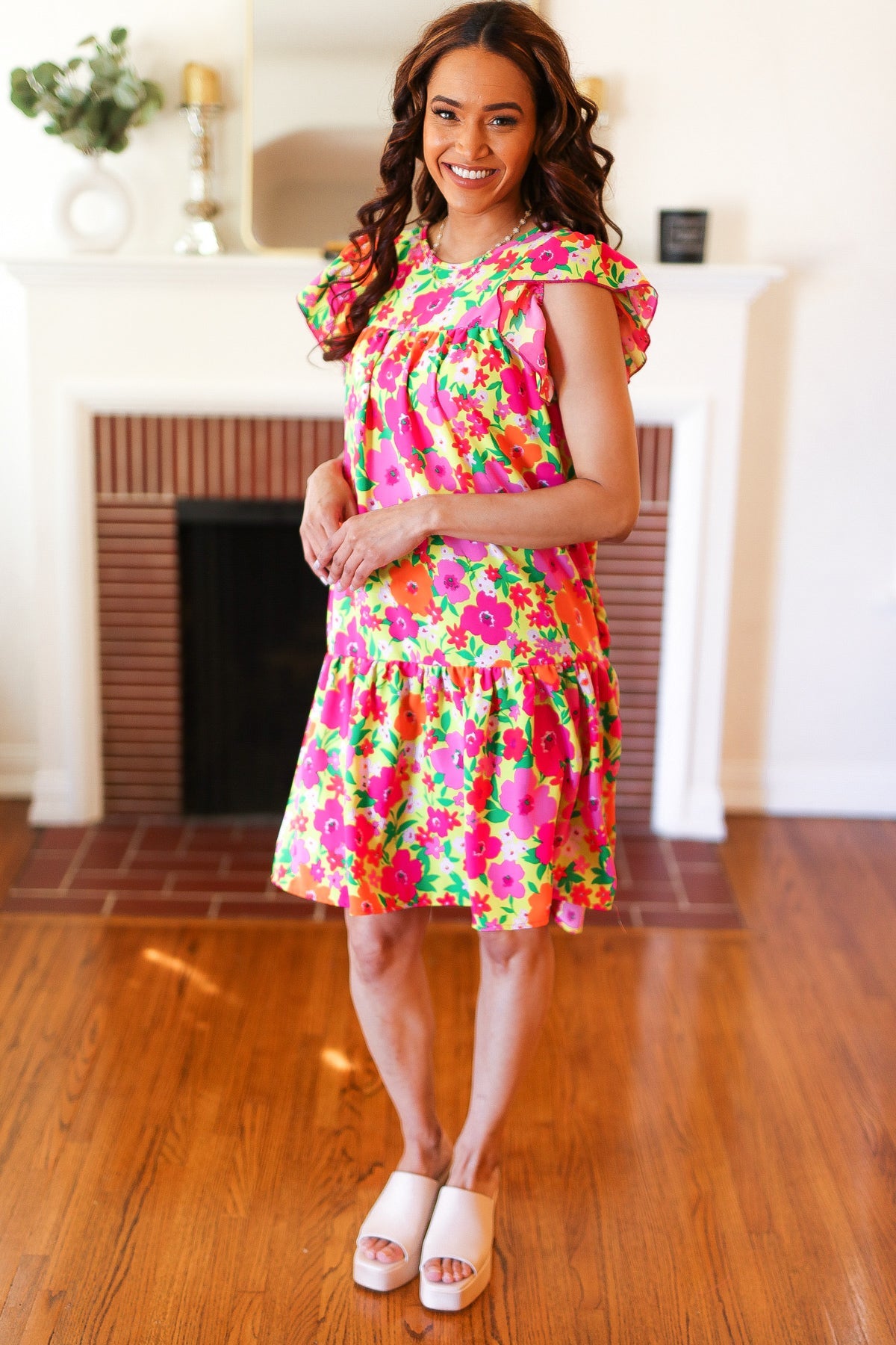 Haptics Be Charming Lime & Pink Floral Print Tiered Ruffle Sleeve Dress Haptics