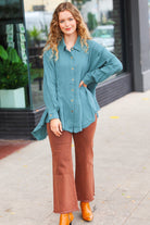 Haptics Beautiful You Teal Button Down Sharkbite Cotton Tunic Top 2024 Blow-Out Sale