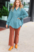 Haptics Beautiful You Teal Button Down Sharkbite Cotton Tunic Top 2024 Blow-Out Sale