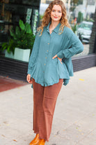 Haptics Beautiful You Teal Button Down Sharkbite Cotton Tunic Top 2024 Blow-Out Sale