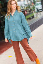 Haptics Beautiful You Teal Button Down Sharkbite Cotton Tunic Top 2024 Blow-Out Sale