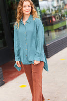 Haptics Beautiful You Teal Button Down Sharkbite Cotton Tunic Top 2024 Blow-Out Sale