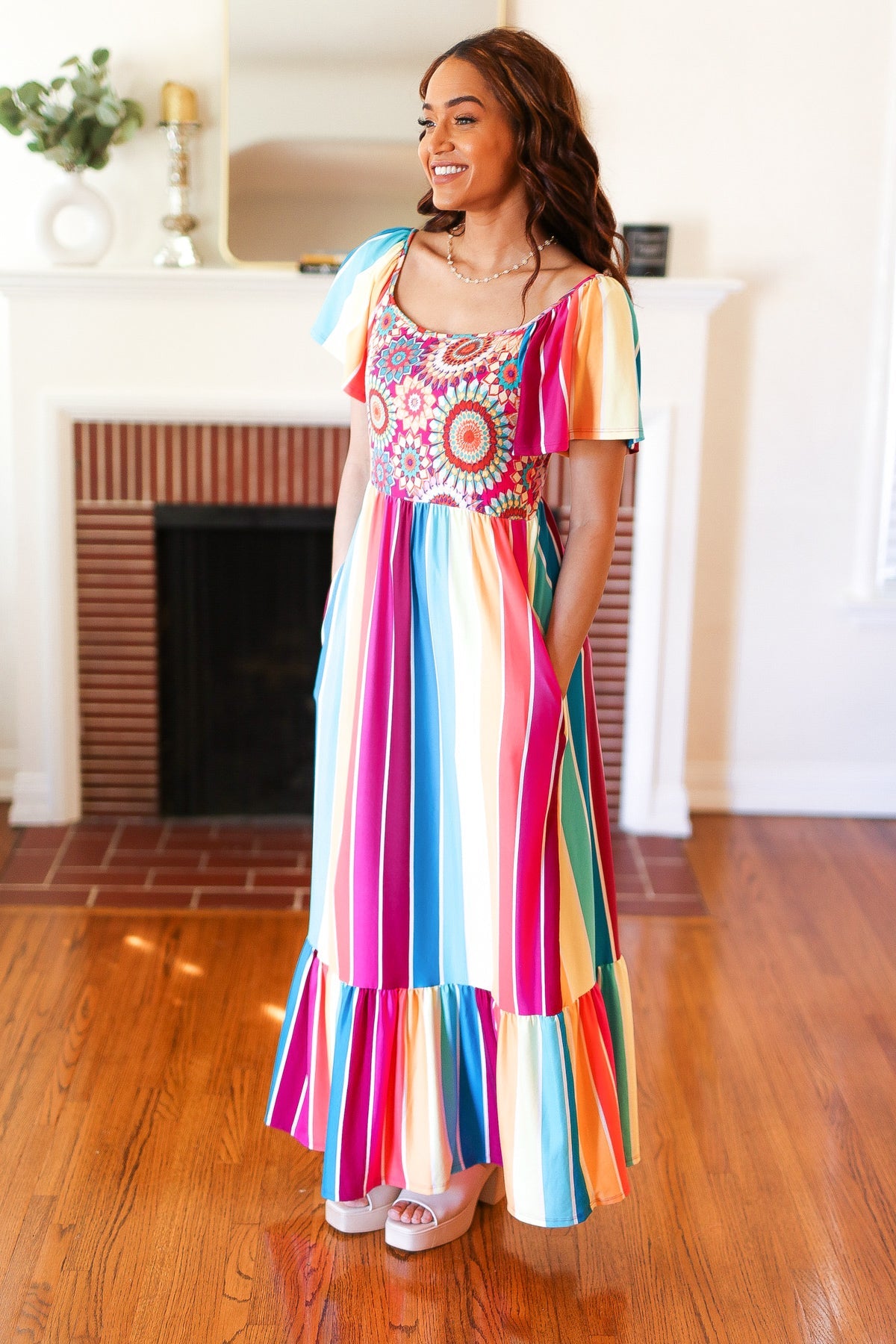 Haptics Feeling Bold Fuchsia & Teal Striped Medallion Crochet Print Dress Final Sale