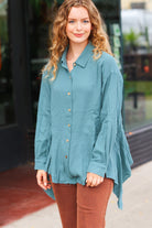 Haptics Beautiful You Teal Button Down Sharkbite Cotton Tunic Top 2024 Blow-Out Sale