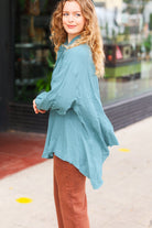 Haptics Beautiful You Teal Button Down Sharkbite Cotton Tunic Top 2024 Blow-Out Sale