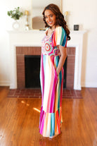 Haptics Feeling Bold Fuchsia & Teal Striped Medallion Crochet Print Dress Final Sale