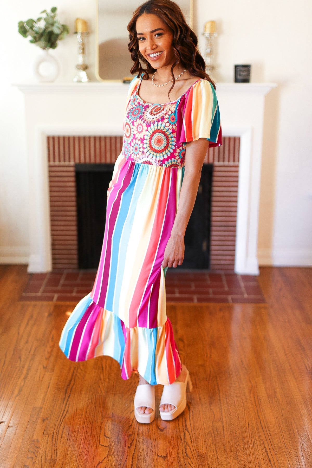 Haptics Feeling Bold Fuchsia & Teal Striped Medallion Crochet Print Dress Final Sale