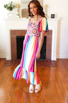 Haptics Feeling Bold Fuchsia & Teal Striped Medallion Crochet Print Dress Final Sale