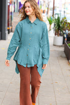 Haptics Beautiful You Teal Button Down Sharkbite Cotton Tunic Top 2024 Blow-Out Sale