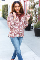 BiBi Taupe Floral Front Tie Elastic Long Sleeve Blouse Shirts & Tops