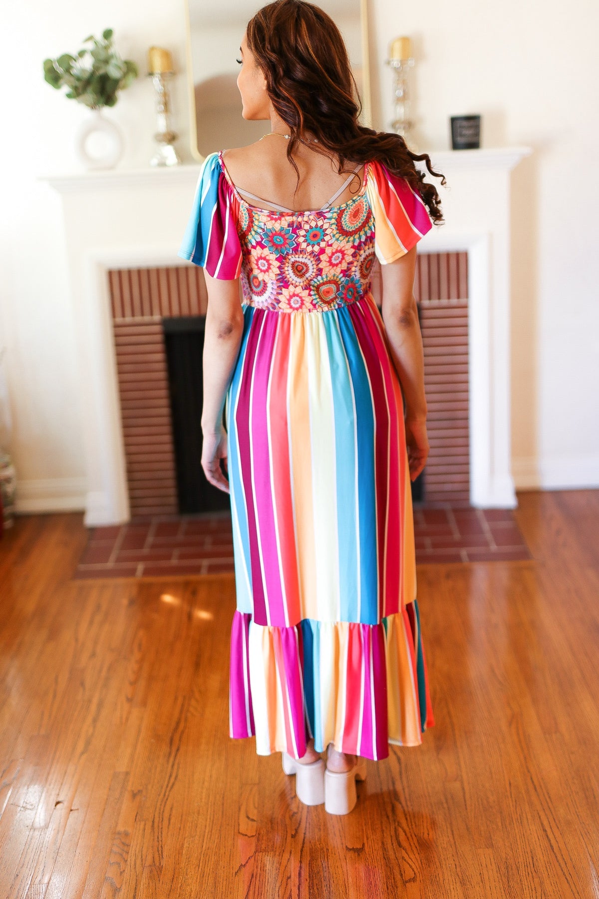 Haptics Feeling Bold Fuchsia & Teal Striped Medallion Crochet Print Dress Final Sale