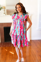 Haptics Feeling Bold Multicolor Abstract Print Tiered Ruffle Sleeve Dress Dresses