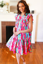 Haptics Feeling Bold Multicolor Abstract Print Tiered Ruffle Sleeve Dress Dresses