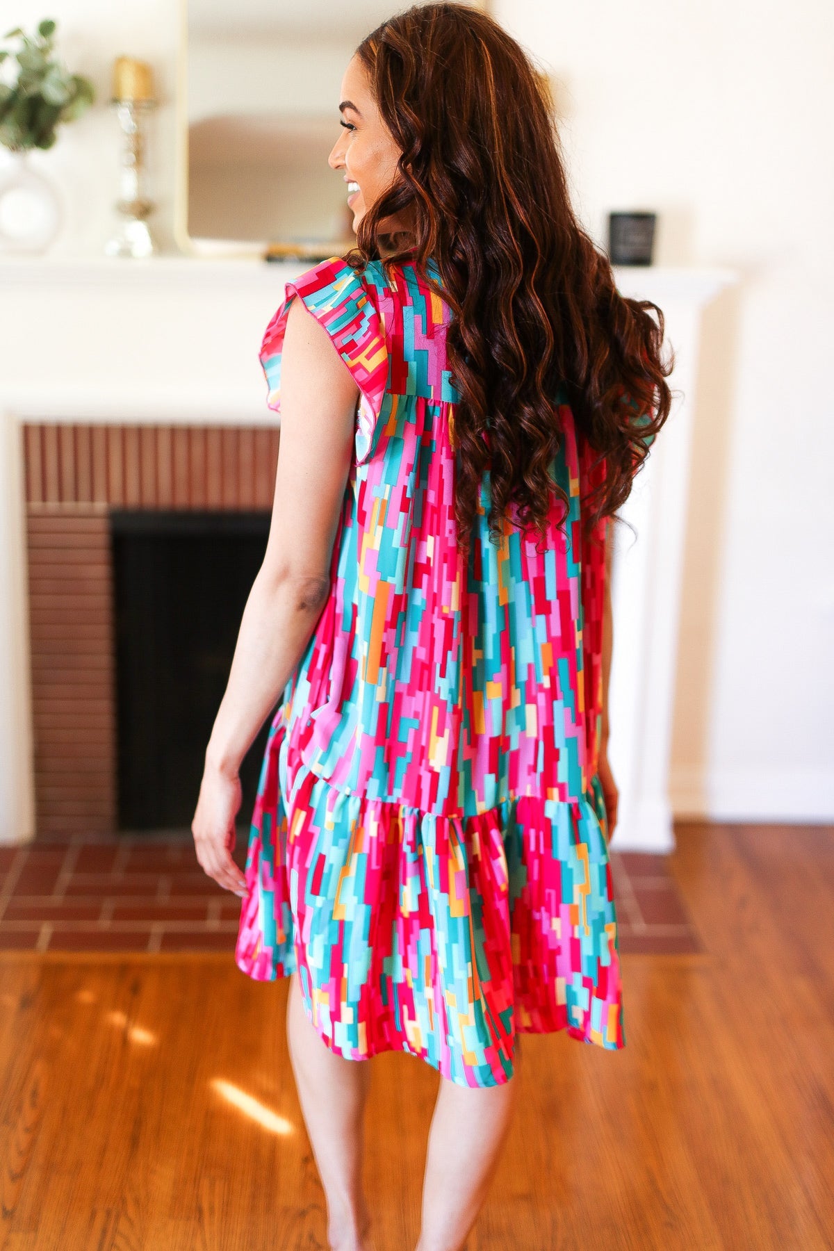 Haptics Feeling Bold Multicolor Abstract Print Tiered Ruffle Sleeve Dress Haptics