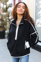 Entro Catch Glances Black Cinched Waist Half Zip Up Fleece Jacket Coats & Jackets