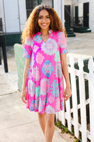 Hayzel Hot Pink Abstract Print Frill Notch Neck Dress