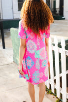 Hayzel Hot Pink Abstract Print Frill Notch Neck Dress