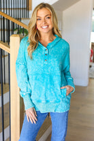 Zenana Washed Teal French Terry Snap Button Hoodie Zenana