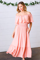 Haptics Coral off Shoulder Smocked Waist Ruffle Sleeve Midi Dress Haptics