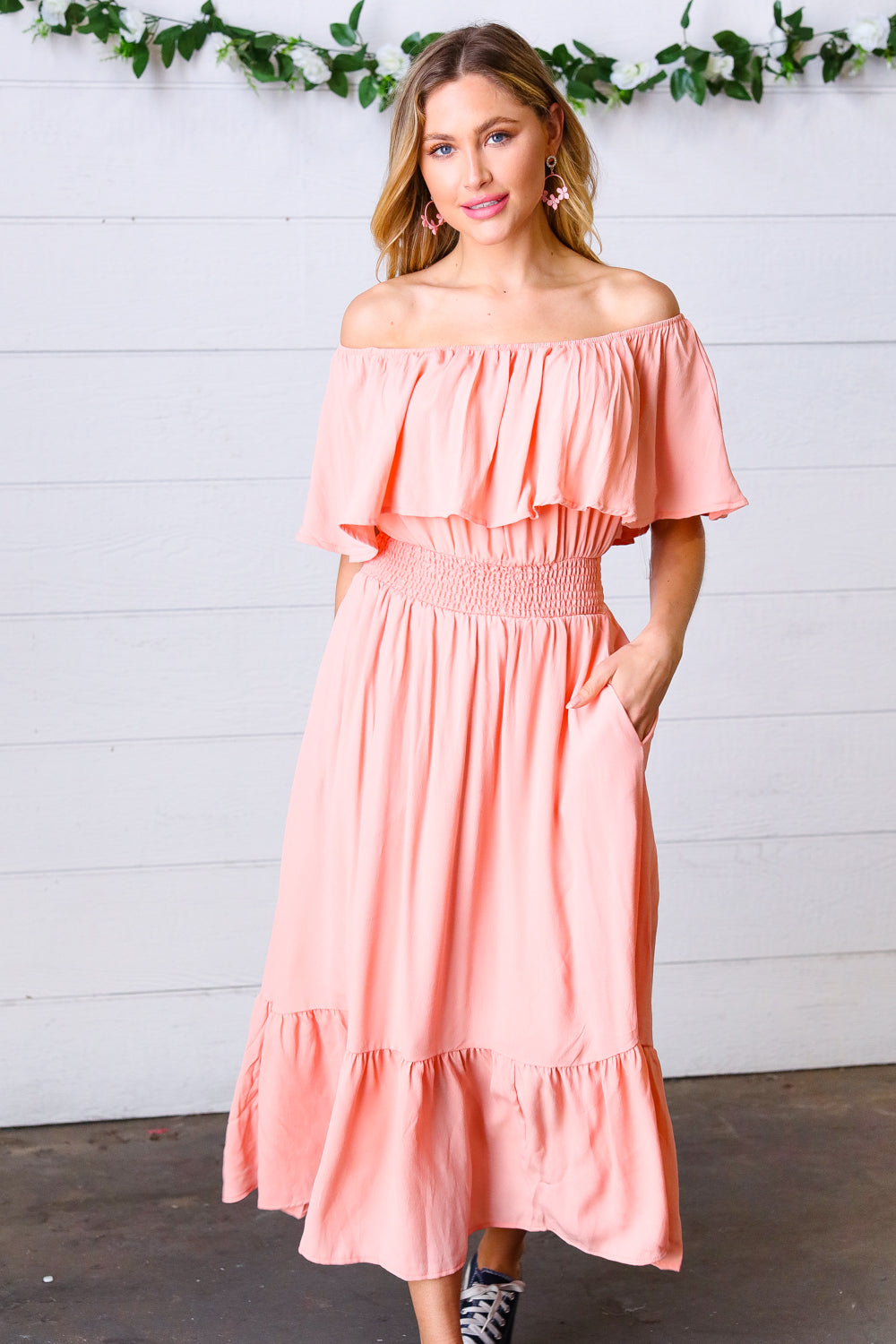 Haptics Coral off Shoulder Smocked Waist Ruffle Sleeve Midi Dress Haptics