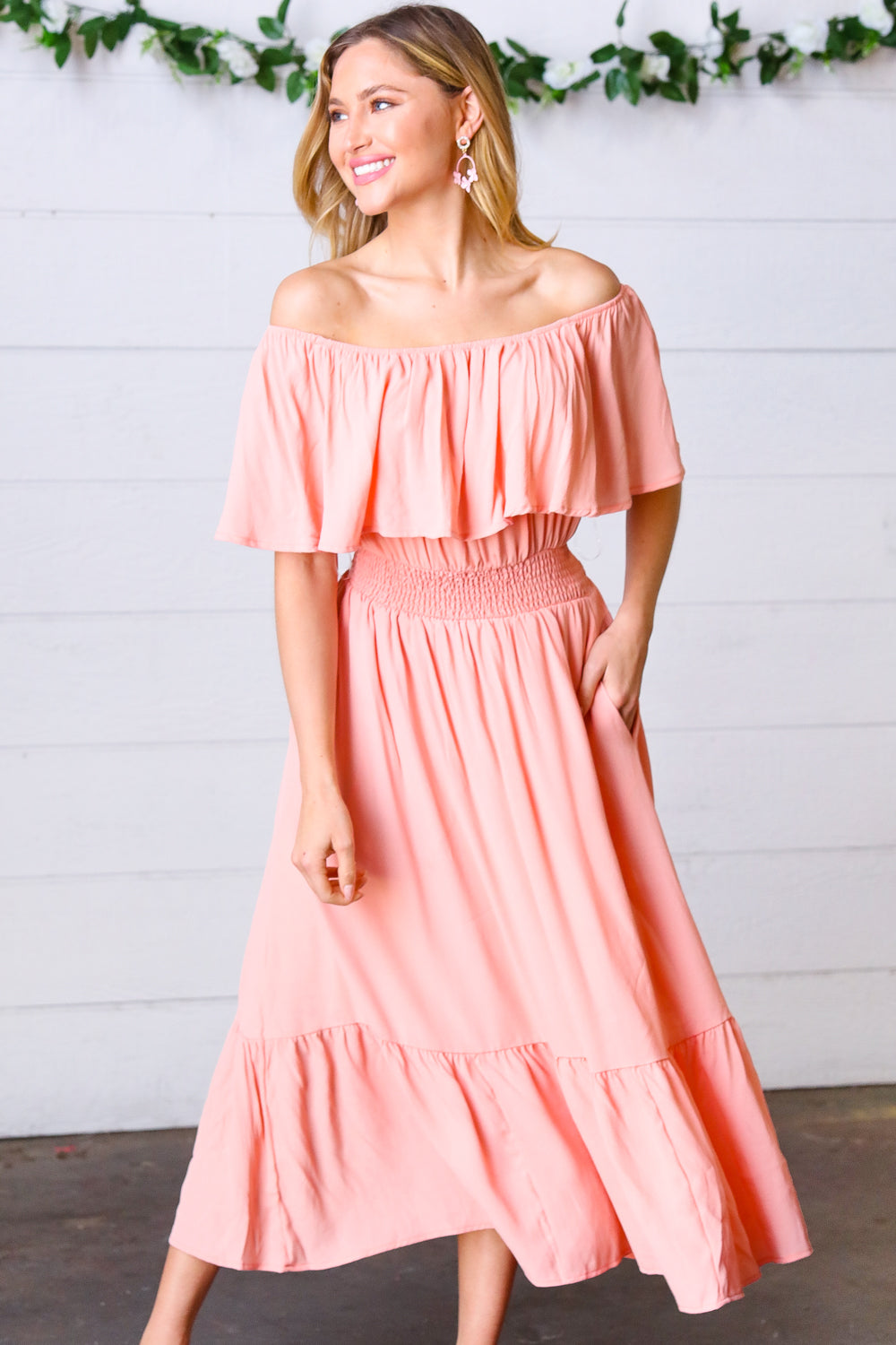 Haptics Coral off Shoulder Smocked Waist Ruffle Sleeve Midi Dress Haptics