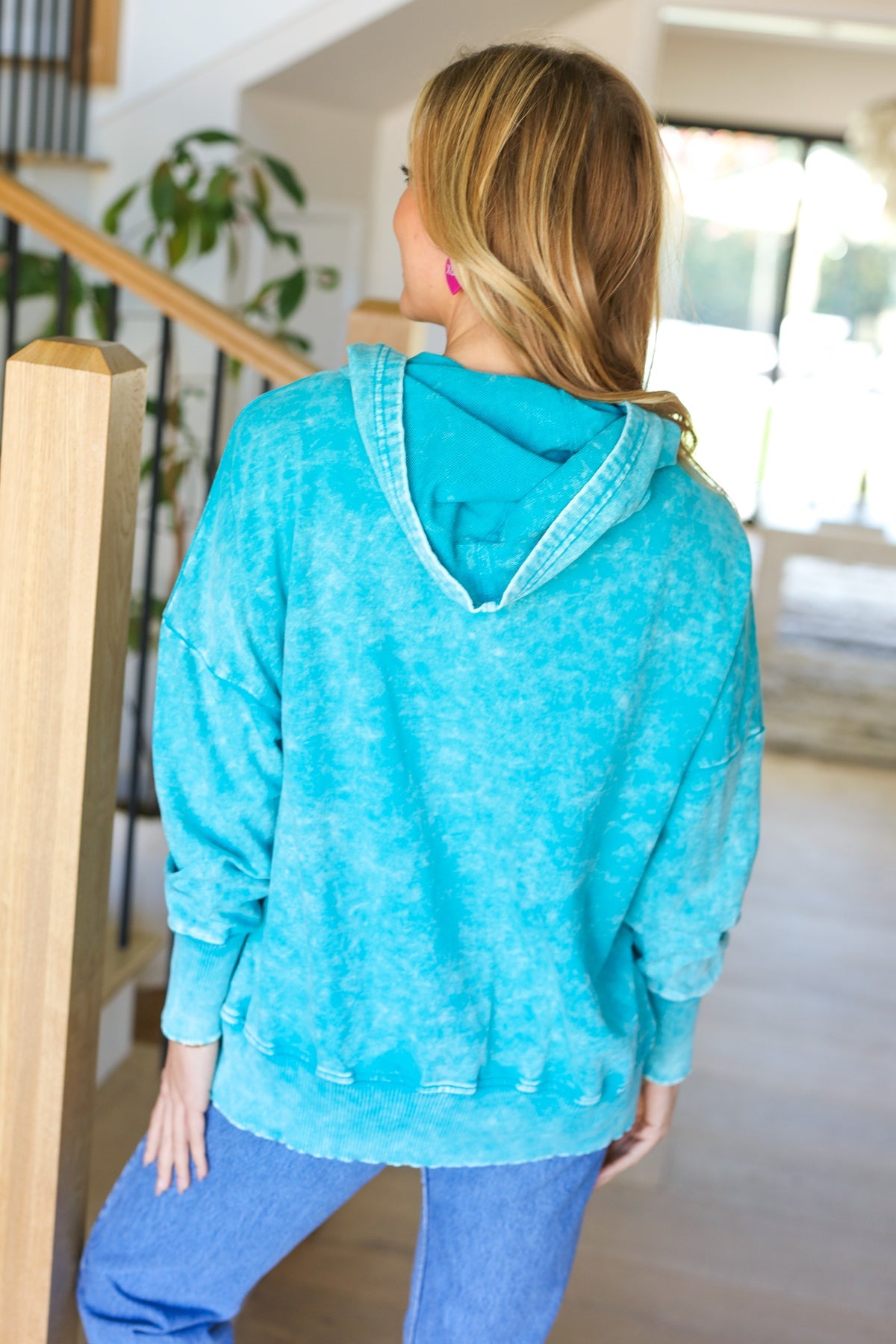Zenana Washed Teal French Terry Snap Button Hoodie