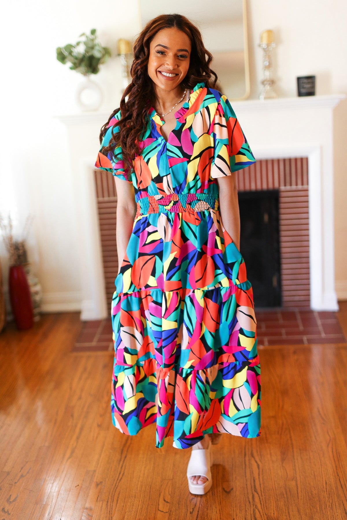 Haptics Be Bold Multicolor Abstract Tropical Print Smocked Waist Maxi Dress Haptics