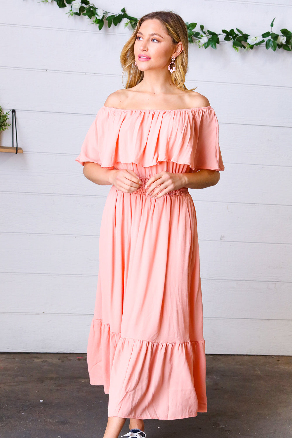 Haptics Coral off Shoulder Smocked Waist Ruffle Sleeve Midi Dress Haptics