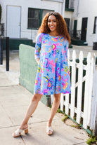 Hayzel Chasing Dreams Blue Floral Print Three-Quarter Sleeve Frock Dress