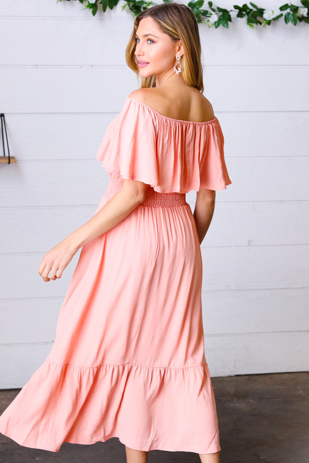 Haptics Coral off Shoulder Smocked Waist Ruffle Sleeve Midi Dress Haptics