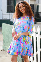 Hayzel Chasing Dreams Blue Floral Print Three-Quarter Sleeve Frock Dress