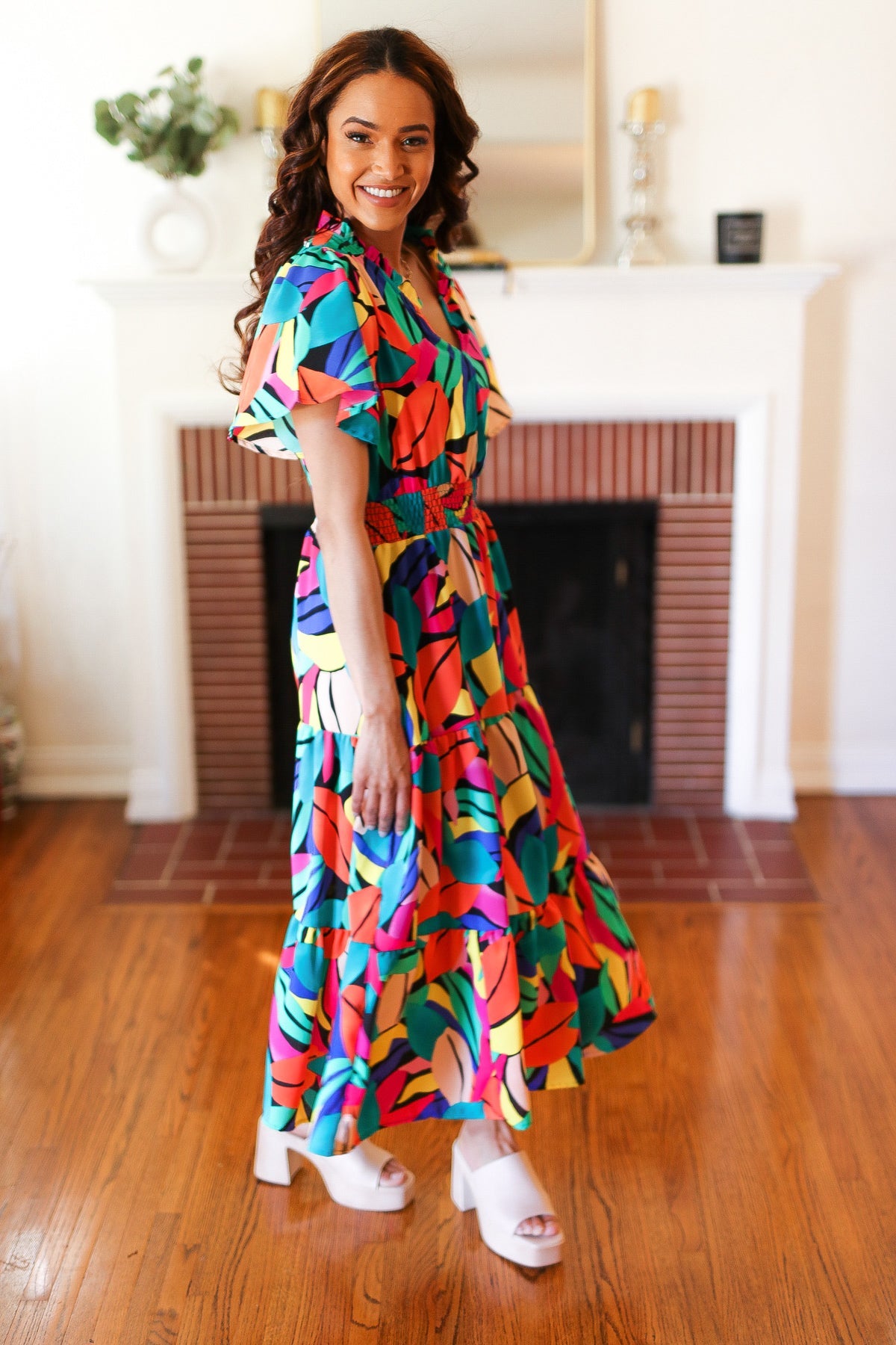 Haptics Be Bold Multicolor Abstract Tropical Print Smocked Waist Maxi Dress Haptics