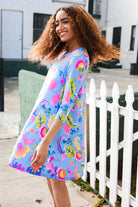 Hayzel Chasing Dreams Blue Floral Print Three-Quarter Sleeve Frock Dress