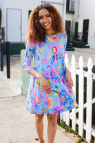 Hayzel Chasing Dreams Blue Floral Print Three-Quarter Sleeve Frock Dress