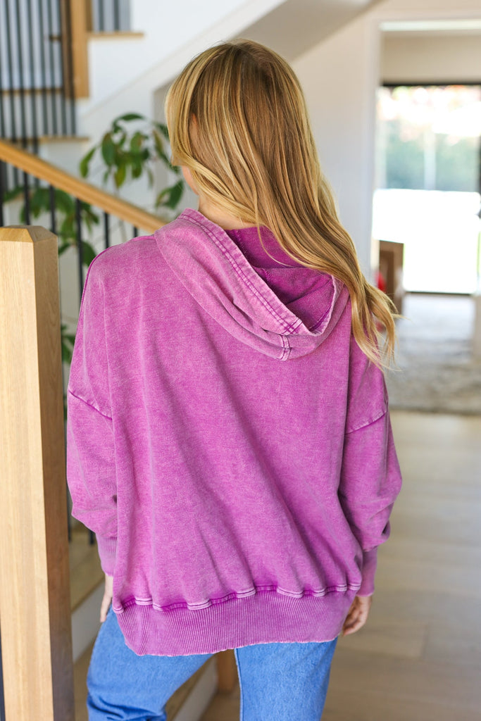 Zenana Washed Violet French Terry Snap Button Hoodie Zenana